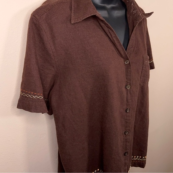 Vintage Large Classic Elements Brown Linen Blend Short Sleeve Button Up Top - Picture 4 of 13